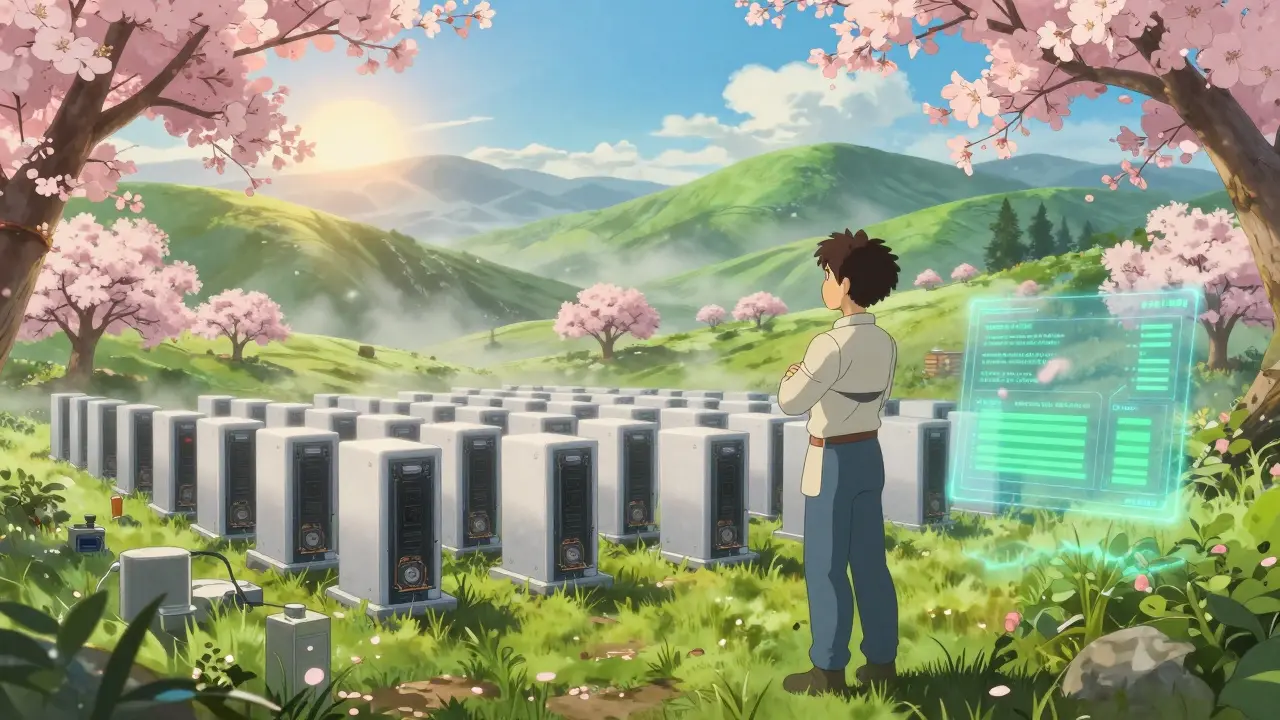 Serene anime landscape of a successful mining farm under a sunny, blooming sky.