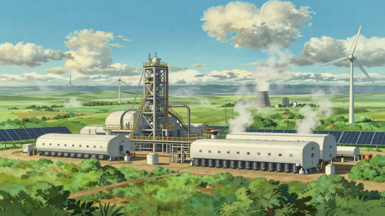 Serene Ghibli-style mining farm with wind turbines and solar panels in a green landscape