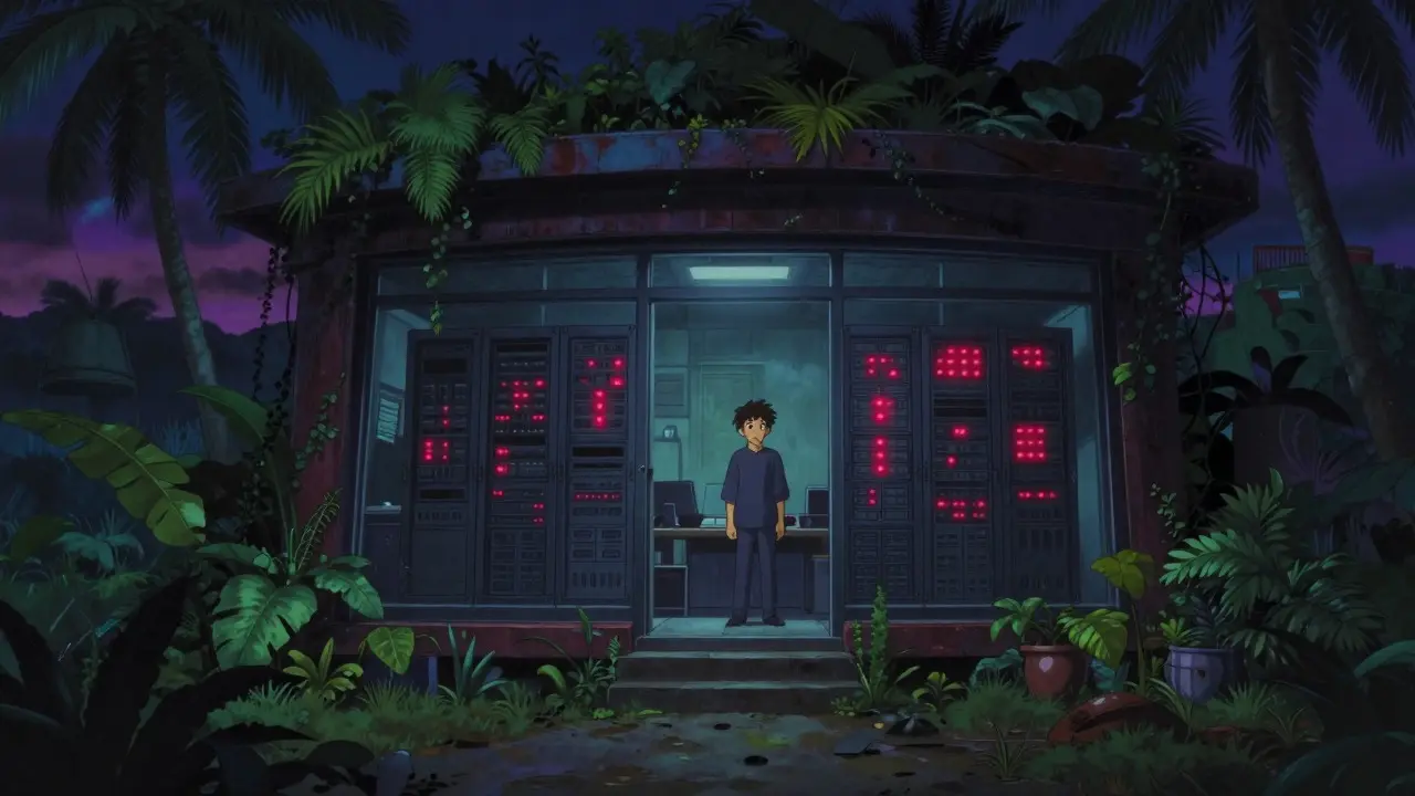Shadowy tropical office building with flickering servers symbolizing unregulated crypto risks