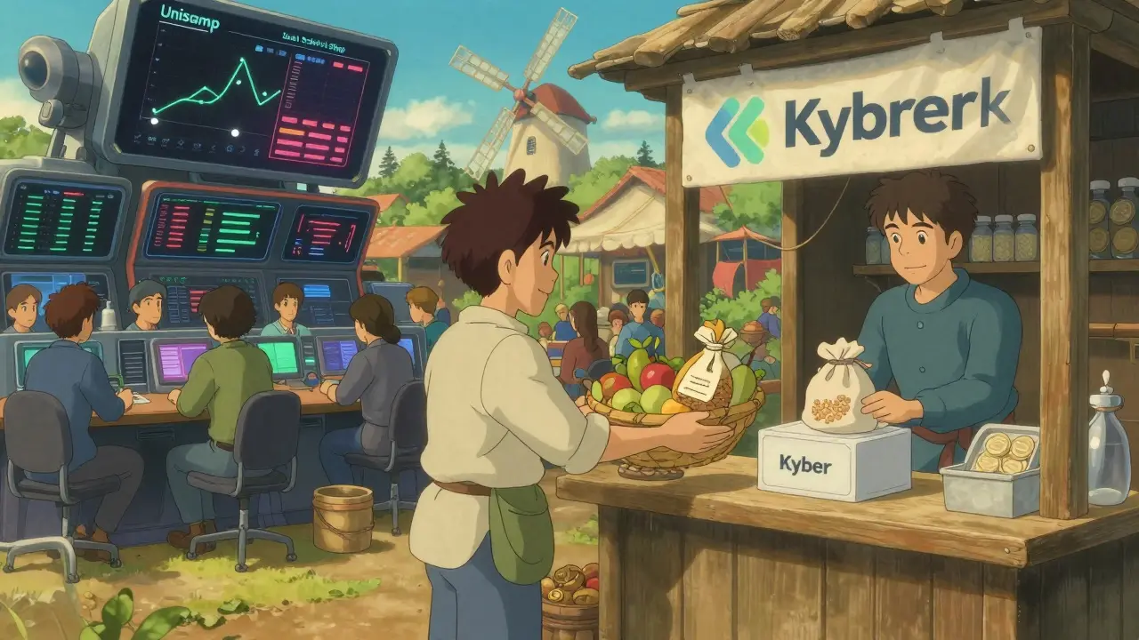 Simple crypto swap kiosk vs complex trading floor in anime style