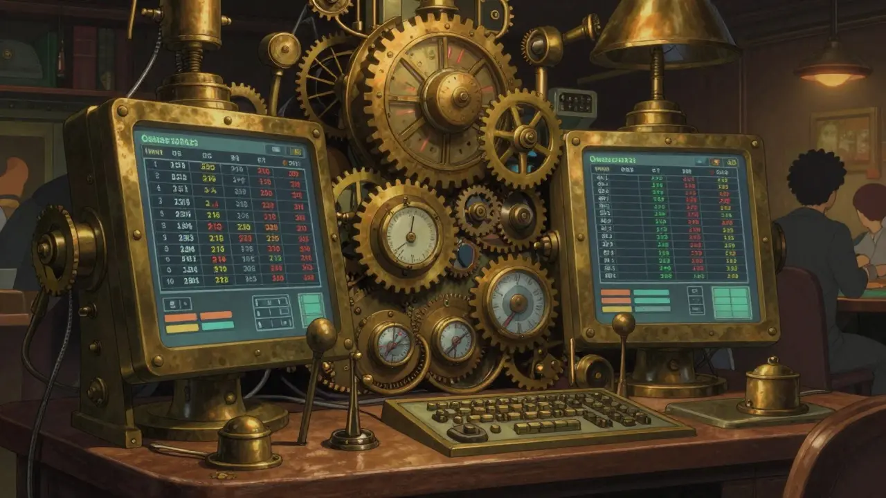 Steampunk style trading interface with gears and dials