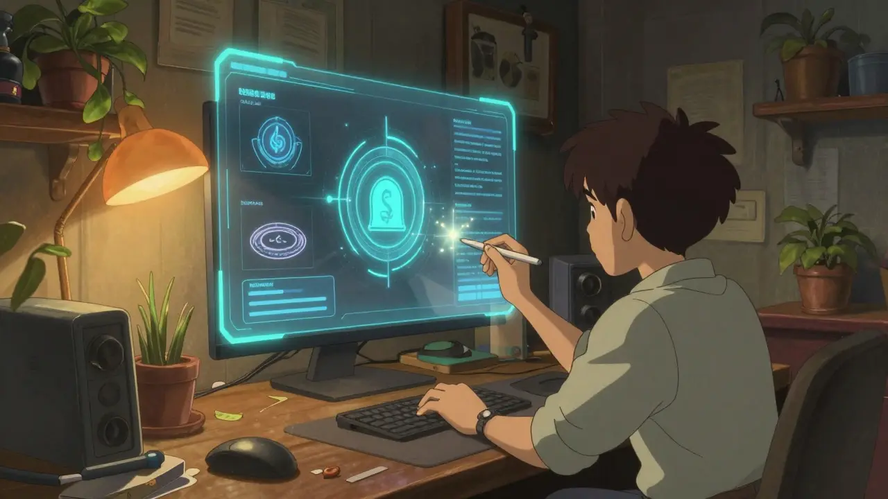Studio Ghibli style character using a magical floating holographic interface in a cozy, warmly lit room with plants.