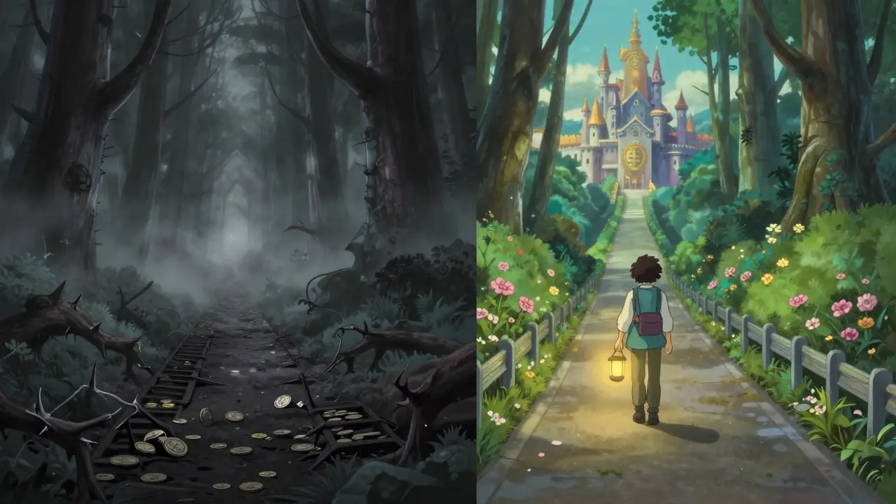 Traveler choosing between a dark thorny path and a lit safe road