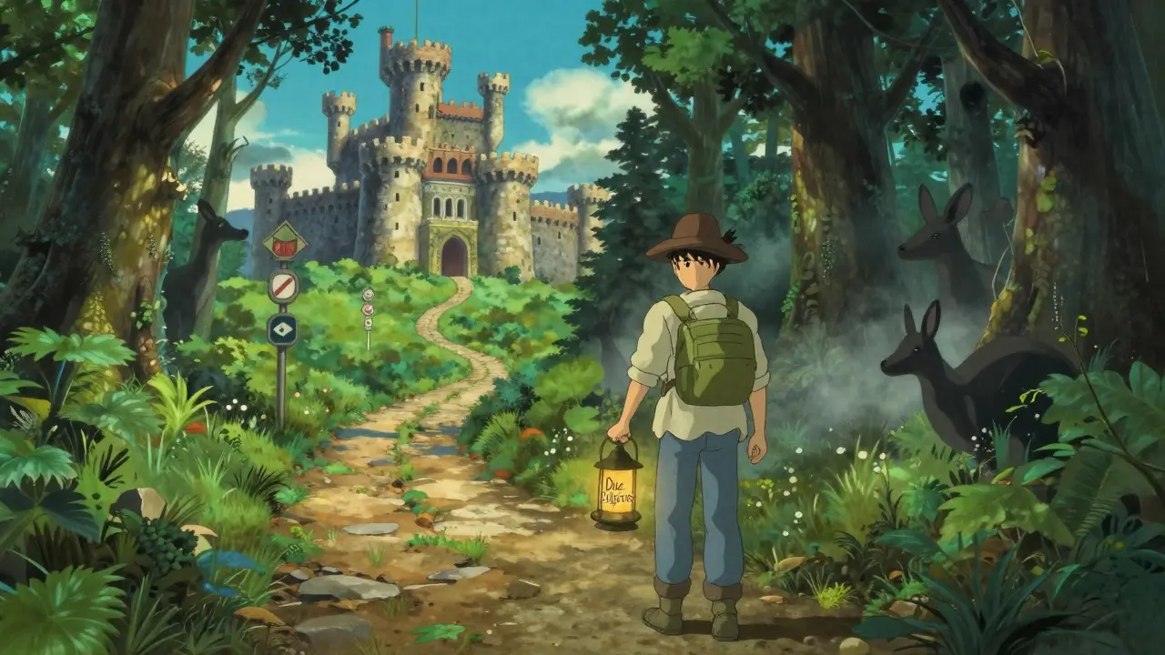 Traveler with a lantern navigating a split path between safe castles and shadowy kangaroos.