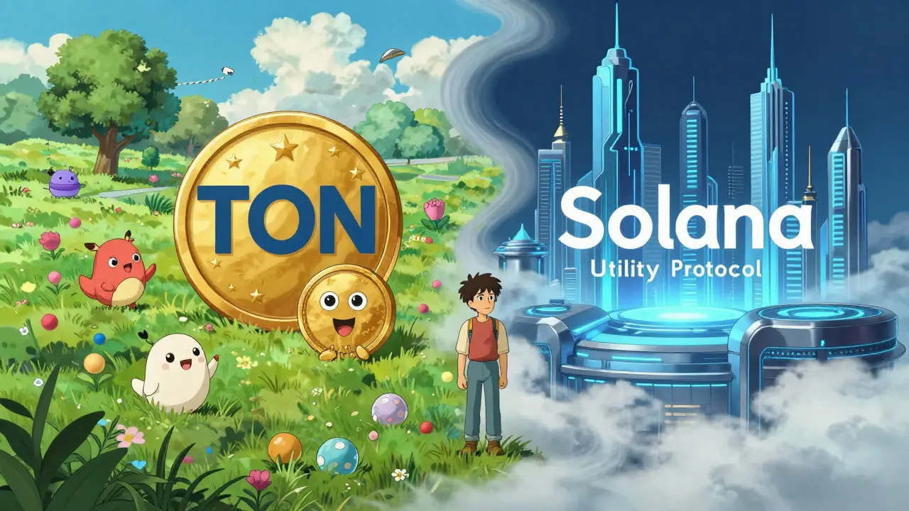 Two contrasting magical worlds representing TON and Solana blockchain projects