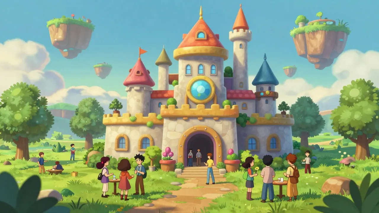 Whimsical virtual castle community hub in metaverse, Ghibli art