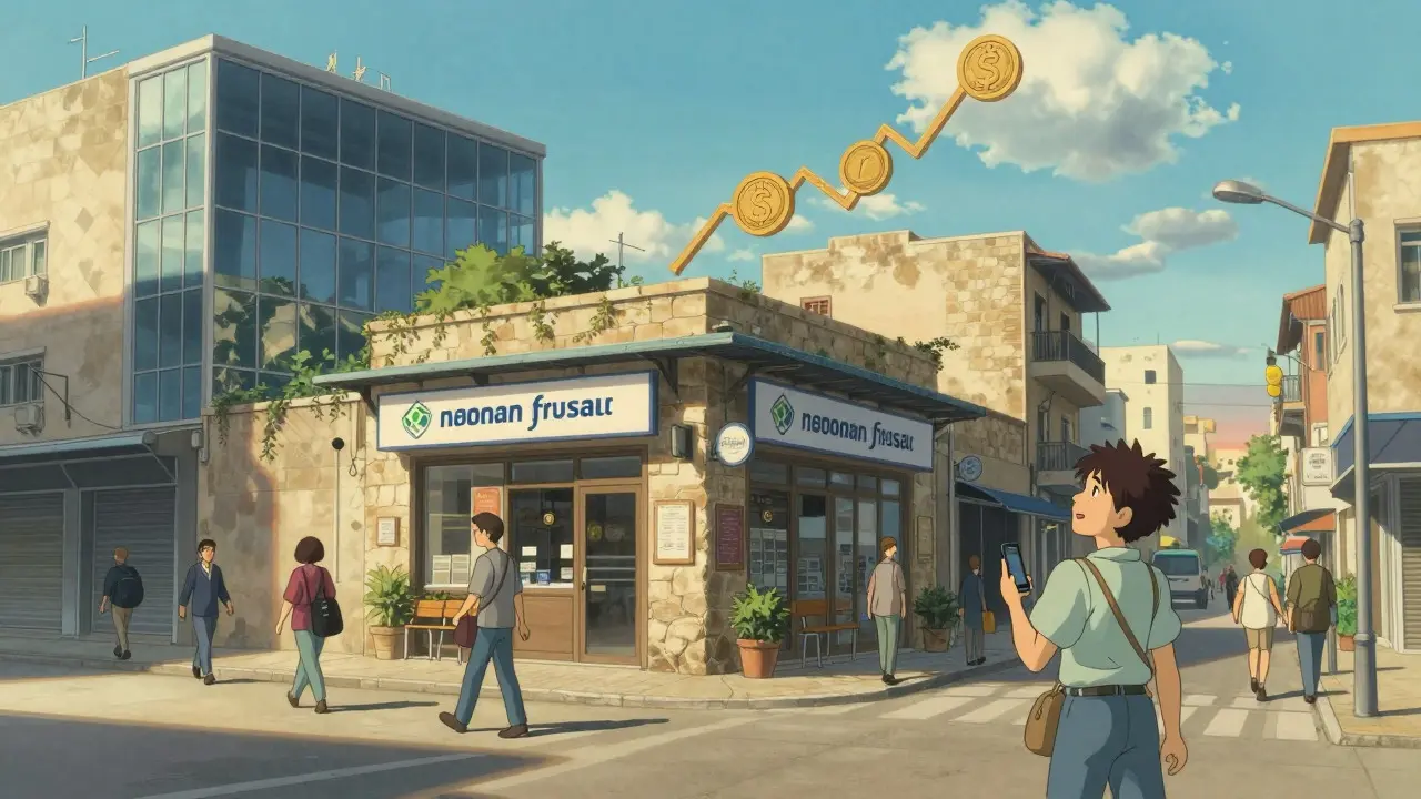A busy city street with people walking near a financial office