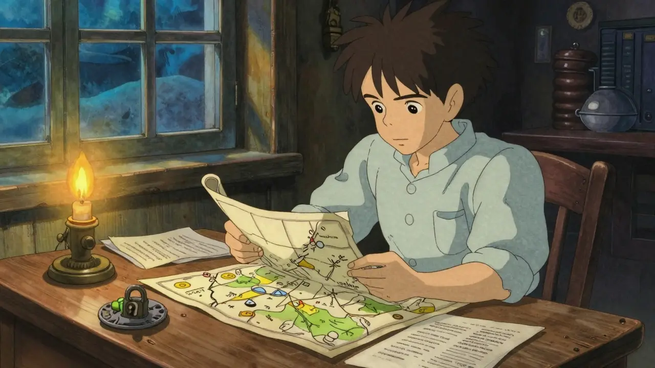 A character carefully examining documents at a wooden desk in a dimly lit room, Studio Ghibli style