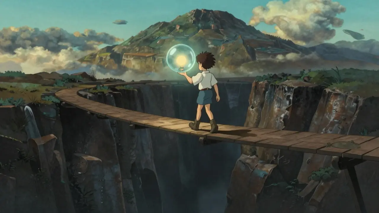 A character holding a fragile glowing bubble while crossing a narrow bridge over a chasm, Studio Ghibli style