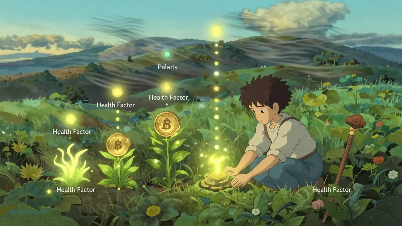 A character tending glowing plants in a garden, symbolizing managing collateral and earning points in an anime style.