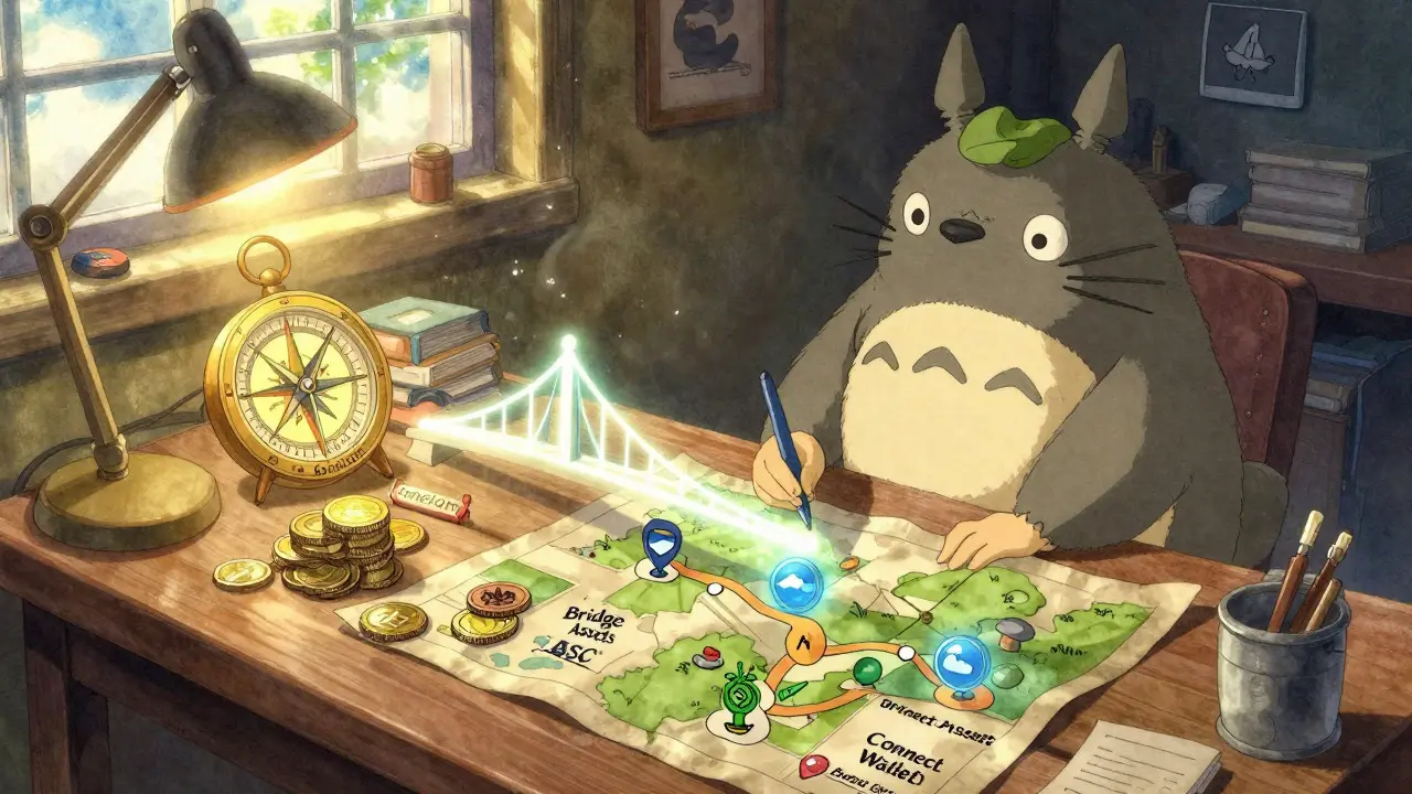 A cozy workshop scene with a glowing compass and coins, preparing for a DeFi journey in Studio Ghibli style.