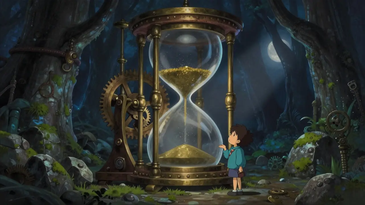A magical mechanical vault with barely any golden dust falling inside