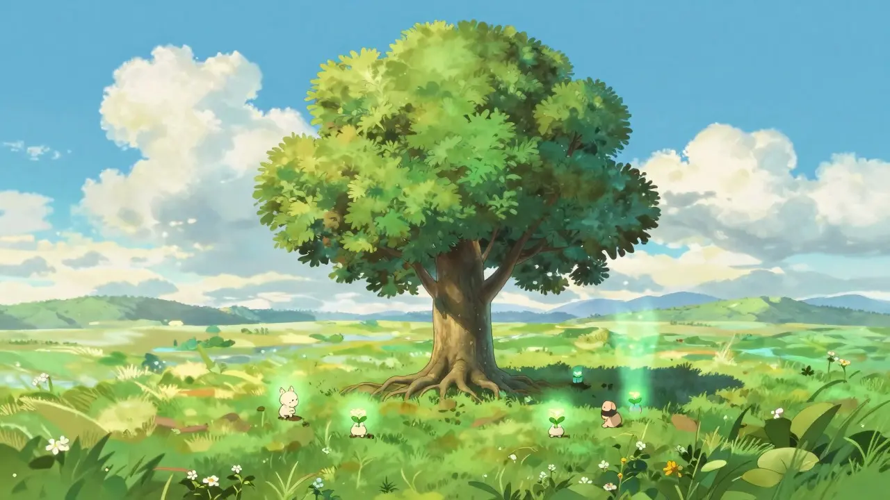 A radiant tree in a sunny field with characters planting glowing seeds