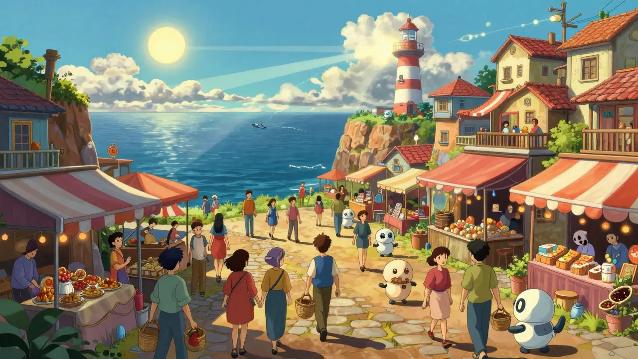 A vibrant cliffside market with people and robots under a bright sky in Ghibli style