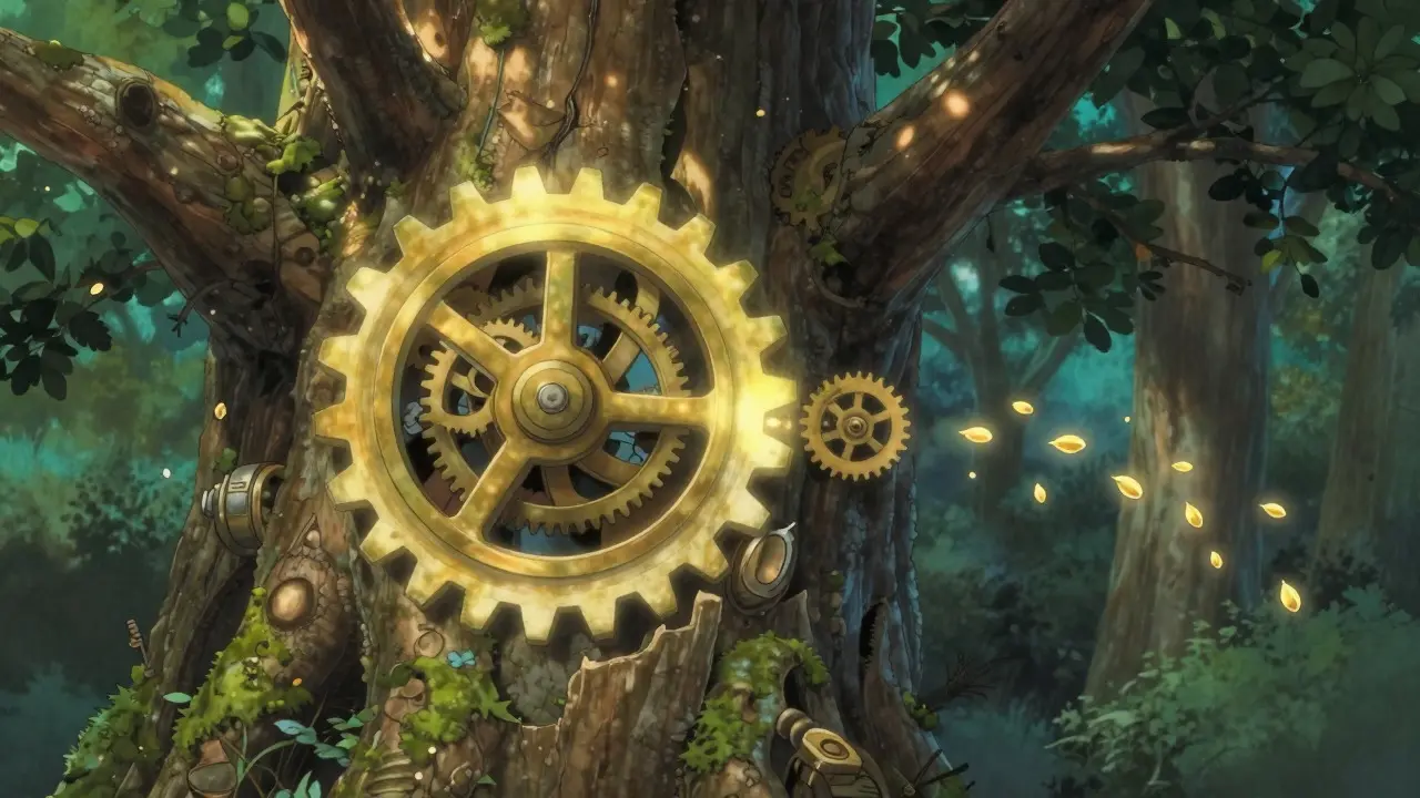 Anime art of tree-embedded gears releasing seeds, representing token vesting