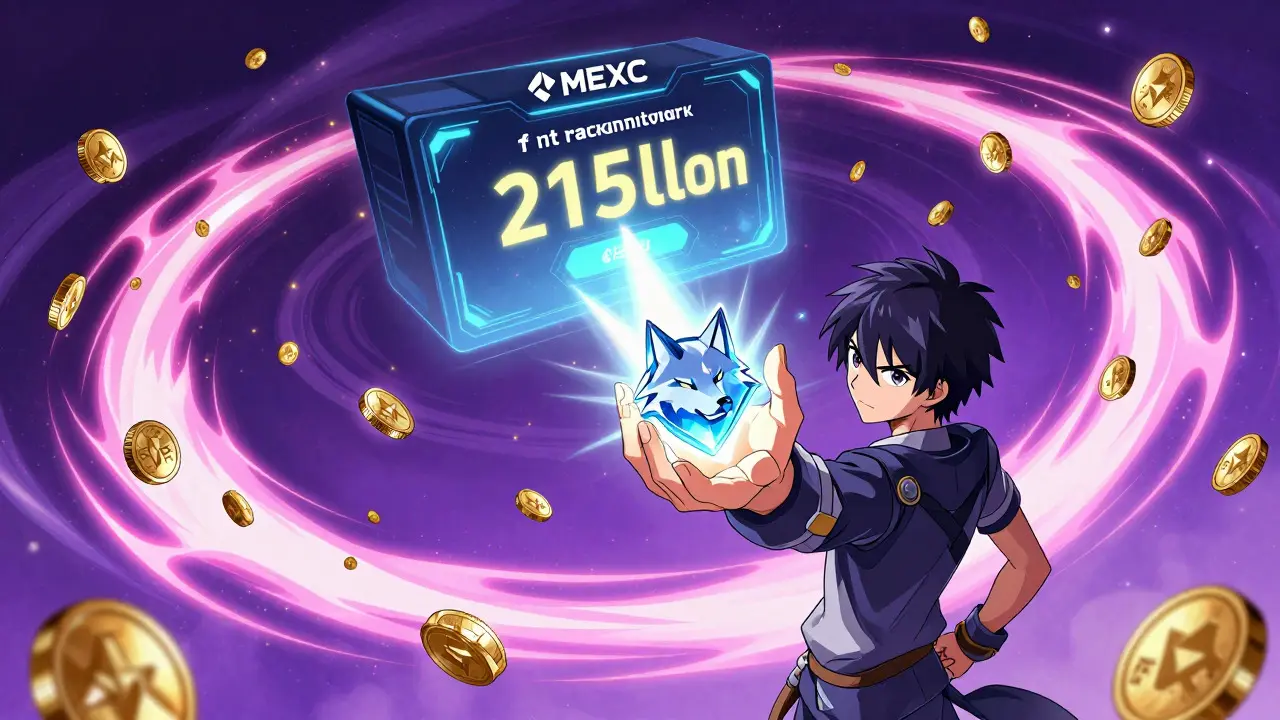 Anime character holding a wolf token as coins rain down from a sky platform