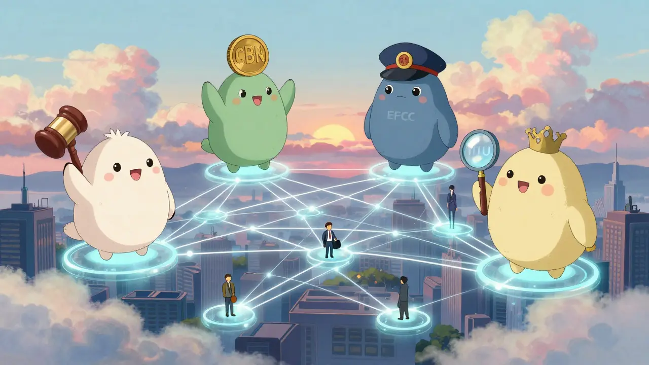 Anime depiction of four regulatory spirits connected by glowing threads over a city