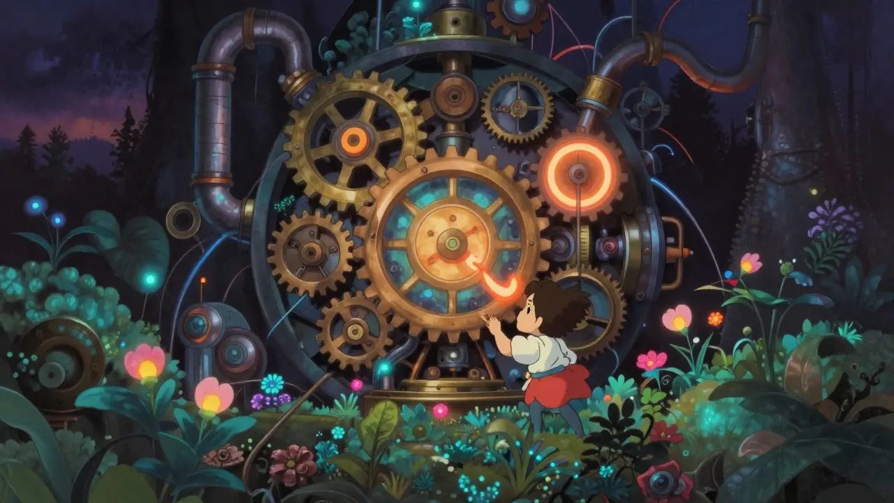 Anime style image of a character inspecting a complex clockwork garden machine with glowing gears