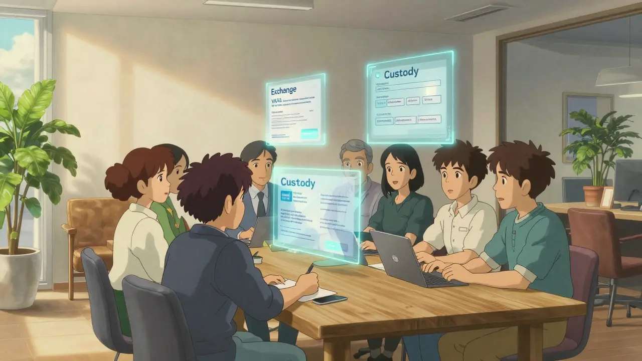Anime-style office scene with team reviewing floating holographic license docs