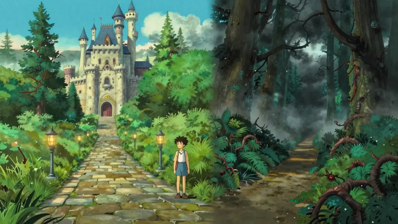 Anime traveler choosing between safe path and dangerous foggy trail