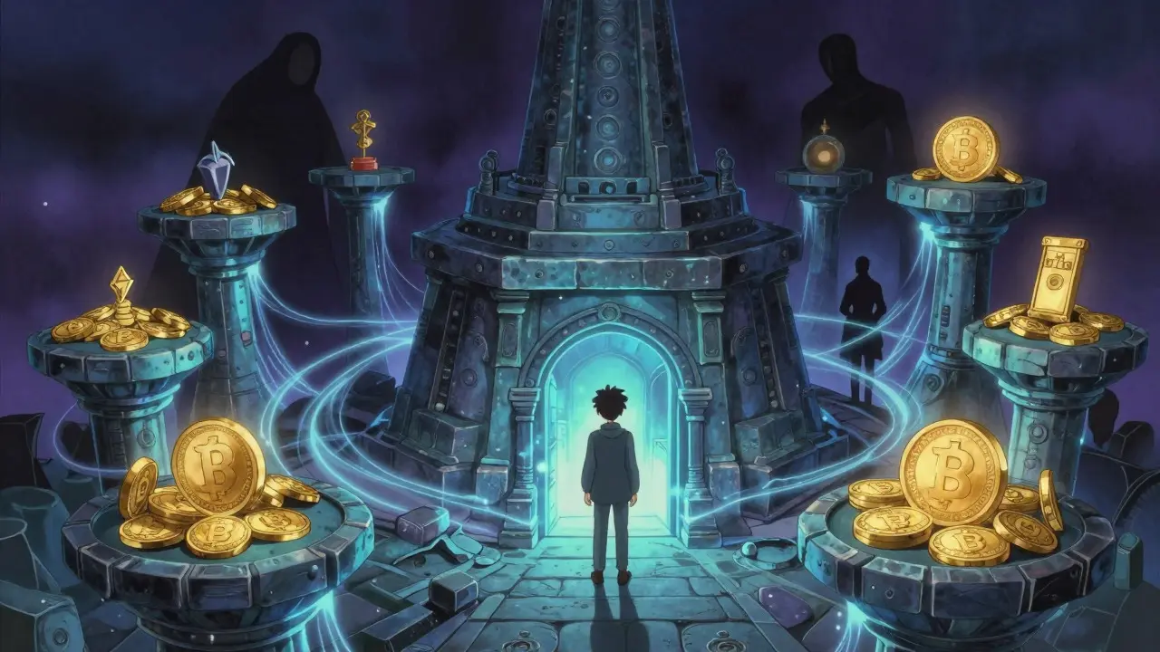 Cautious figure facing a magical machine representing smart contract risks