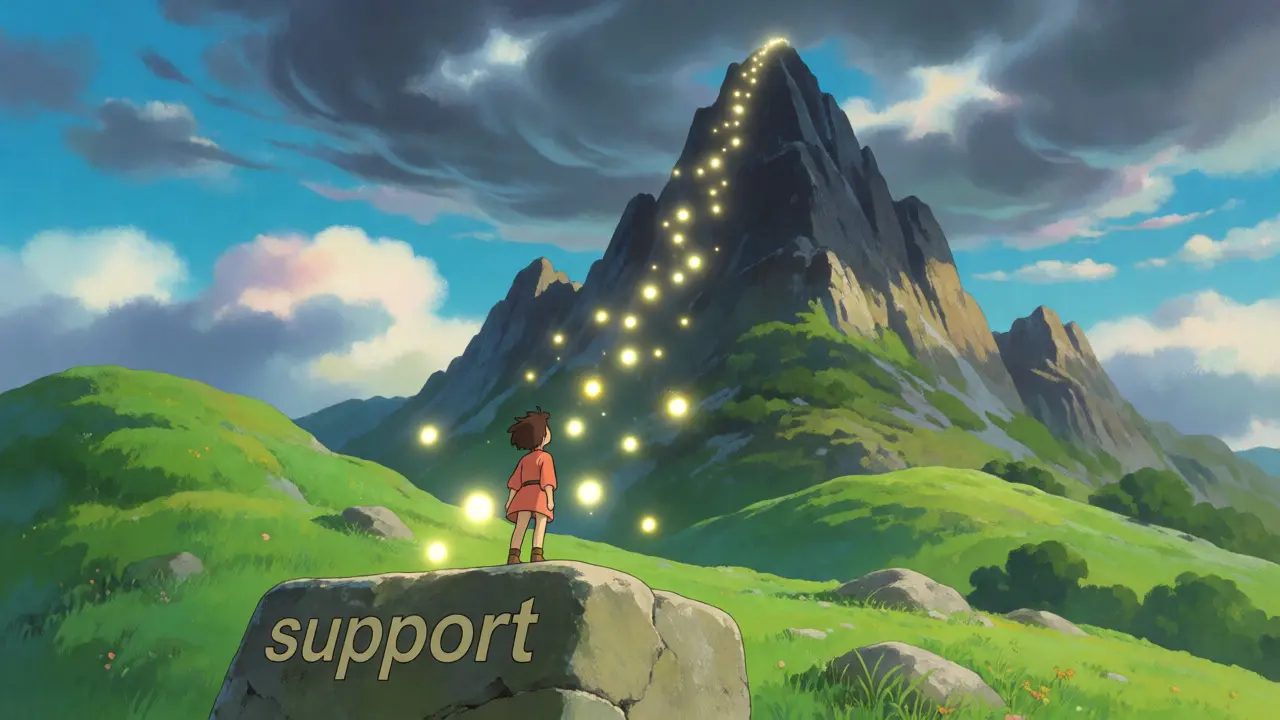 Character observing support and resistance levels in a fantasy landscape
