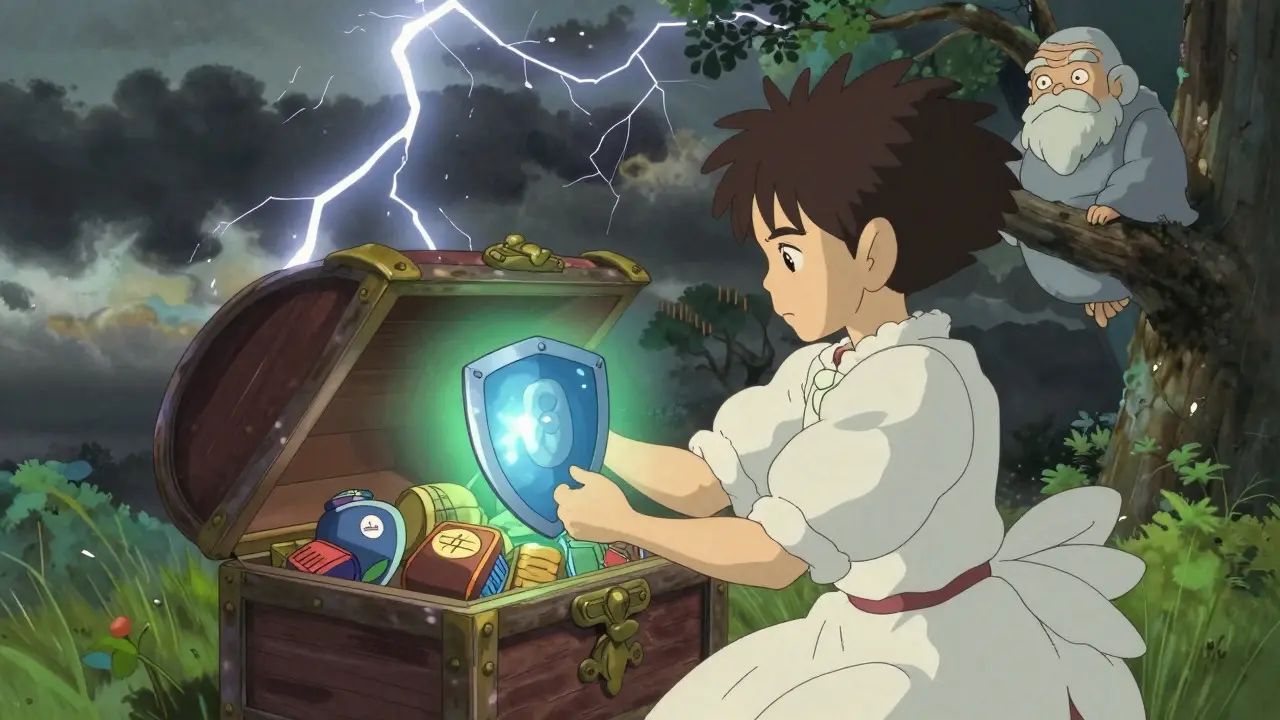 Character securing assets in a glowing chest while a storm rages outside