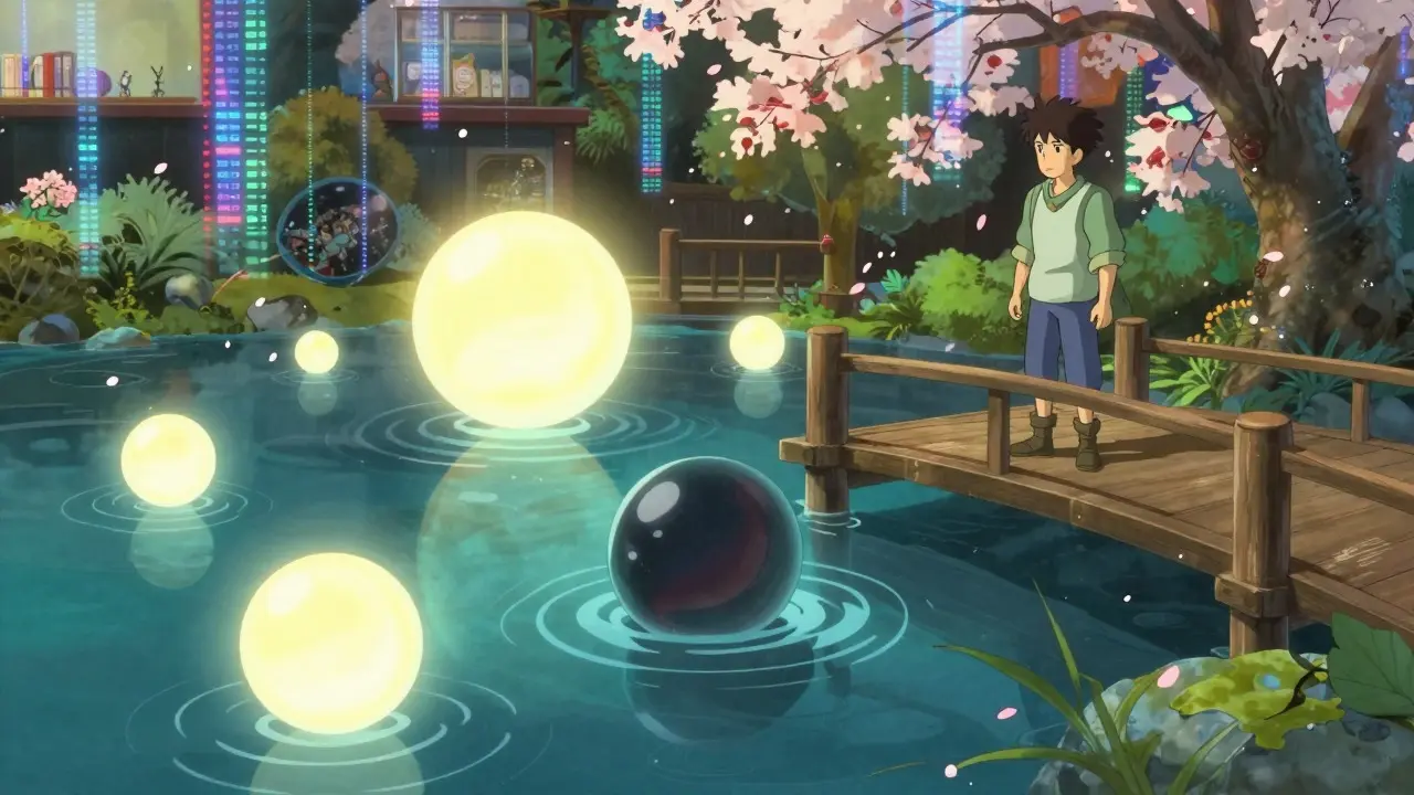 Character struggling to move a heavy glowing orb in a digital garden