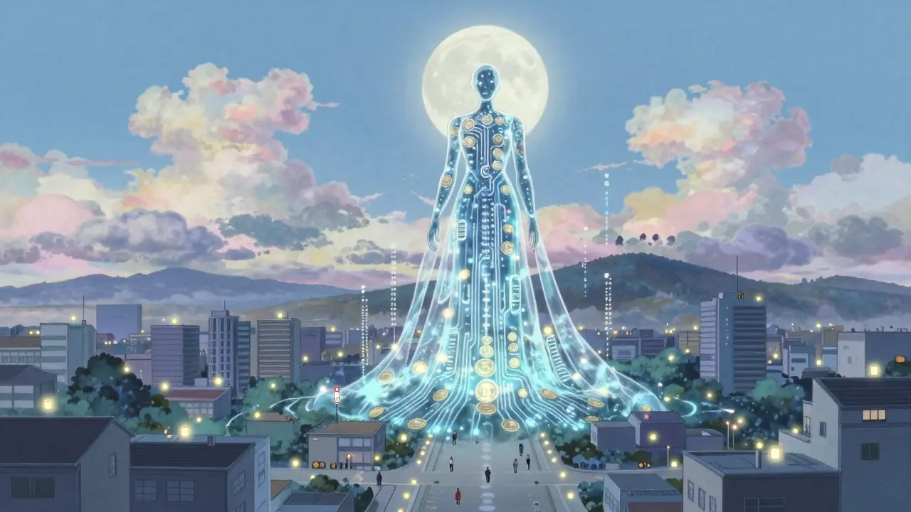 Conceptual art of a digital stream figure overlooking a city