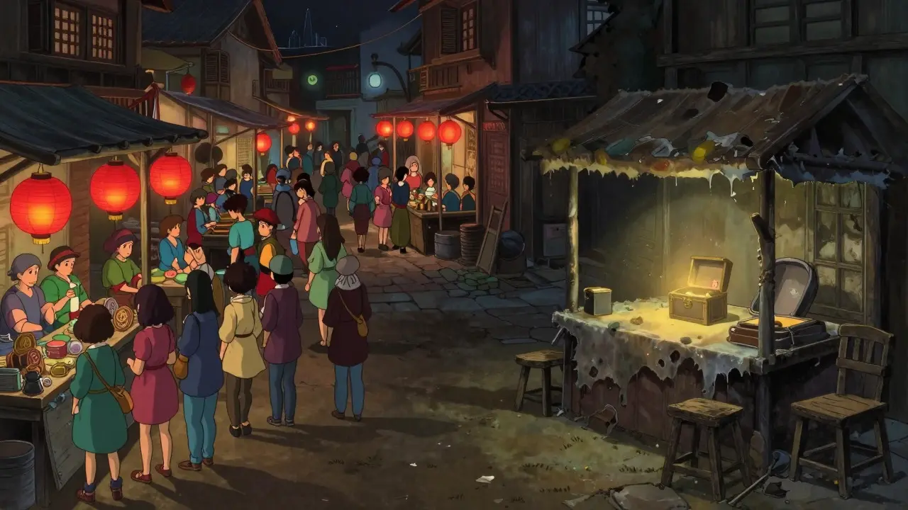 Contrast between a busy market and a lonely, empty stall in anime style