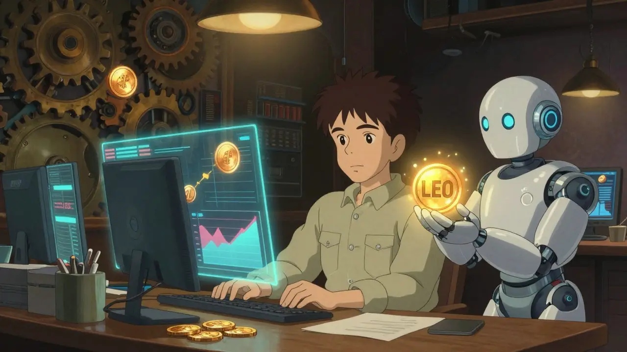 Experienced trader using advanced tools and LEO token discounts in Ghibli style