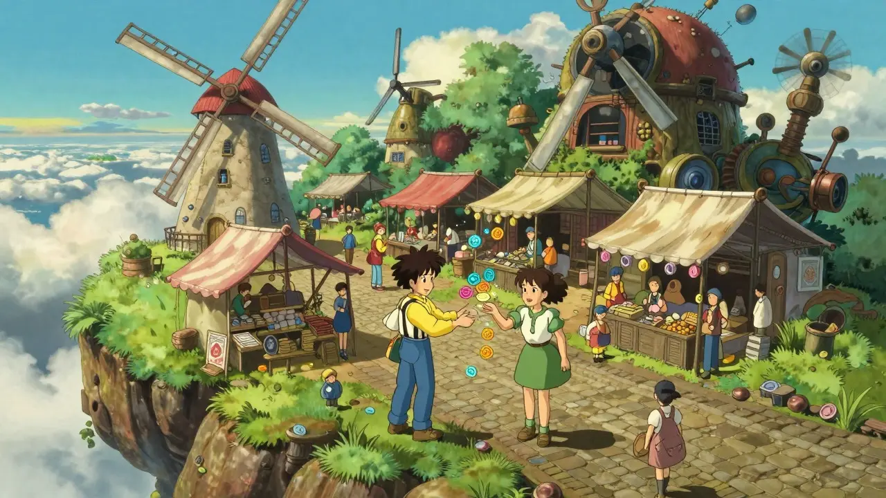 Ghibli-style art of a floating island marketplace where characters exchange glowing coins