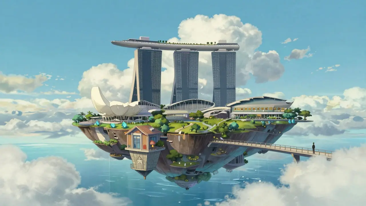 Ghibli-style floating island sanctuary representing secure crypto jurisdictions