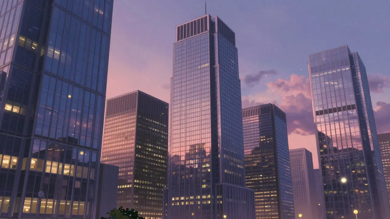 Ghibli-style futuristic US skyline with glowing connections between towers