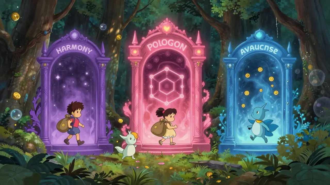 Ghibli style illustration of three glowing blockchain network portals