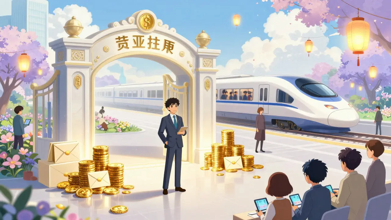 Ghibli-style scene of a business owner passing through a gate of light into a prosperous future