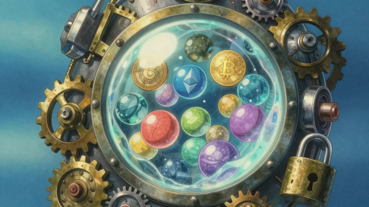 Glowing crystals containing crypto orbs secured by mechanical gears