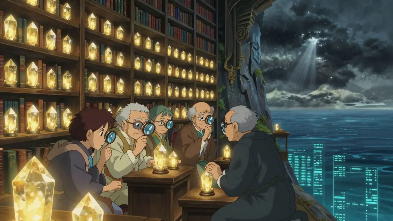 Grand mountain library with glowing crystals being inspected by robed figures