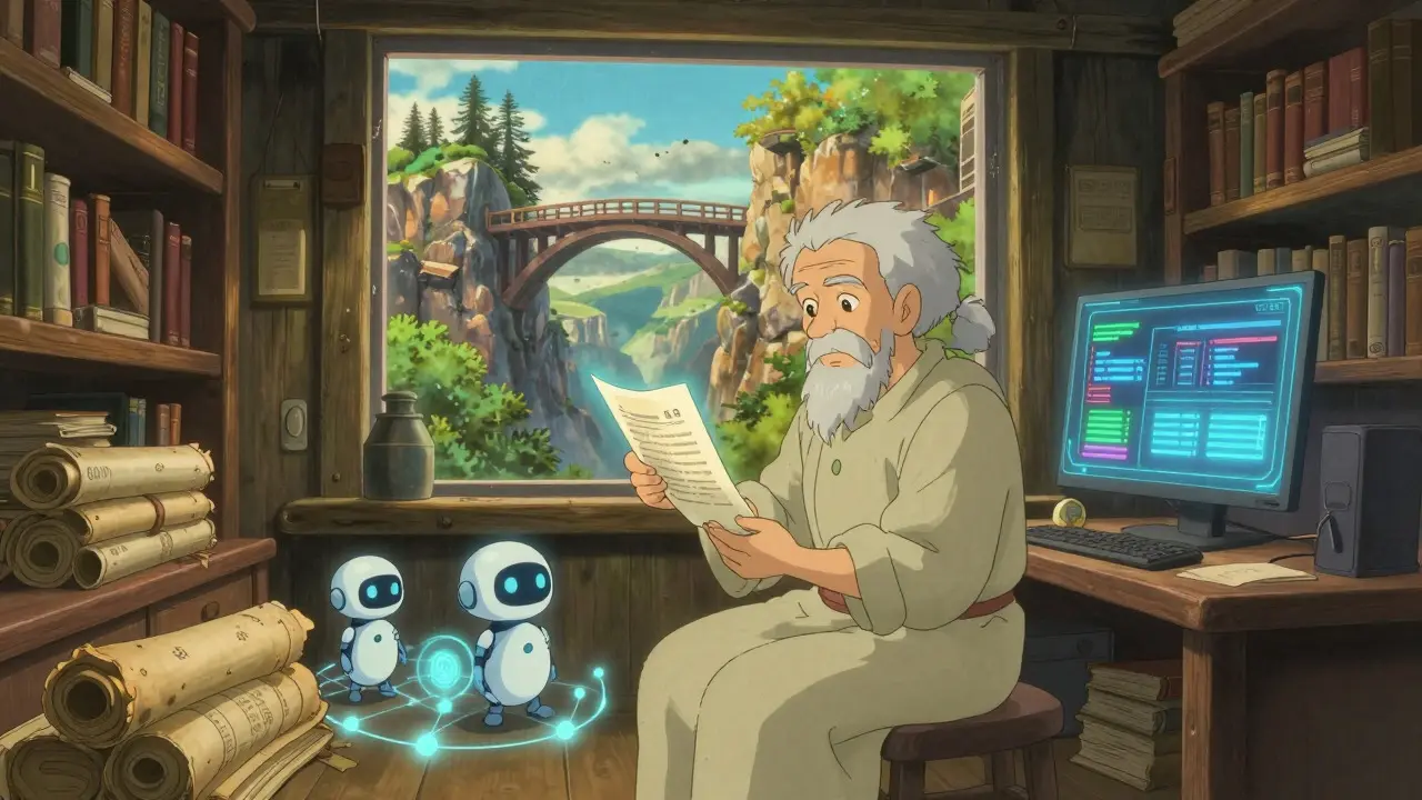 Guardian spirit examining a glowing scroll in a nature-filled library
