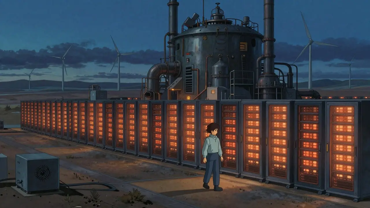 Industrial crypto mining facility in a desert landscape at dusk