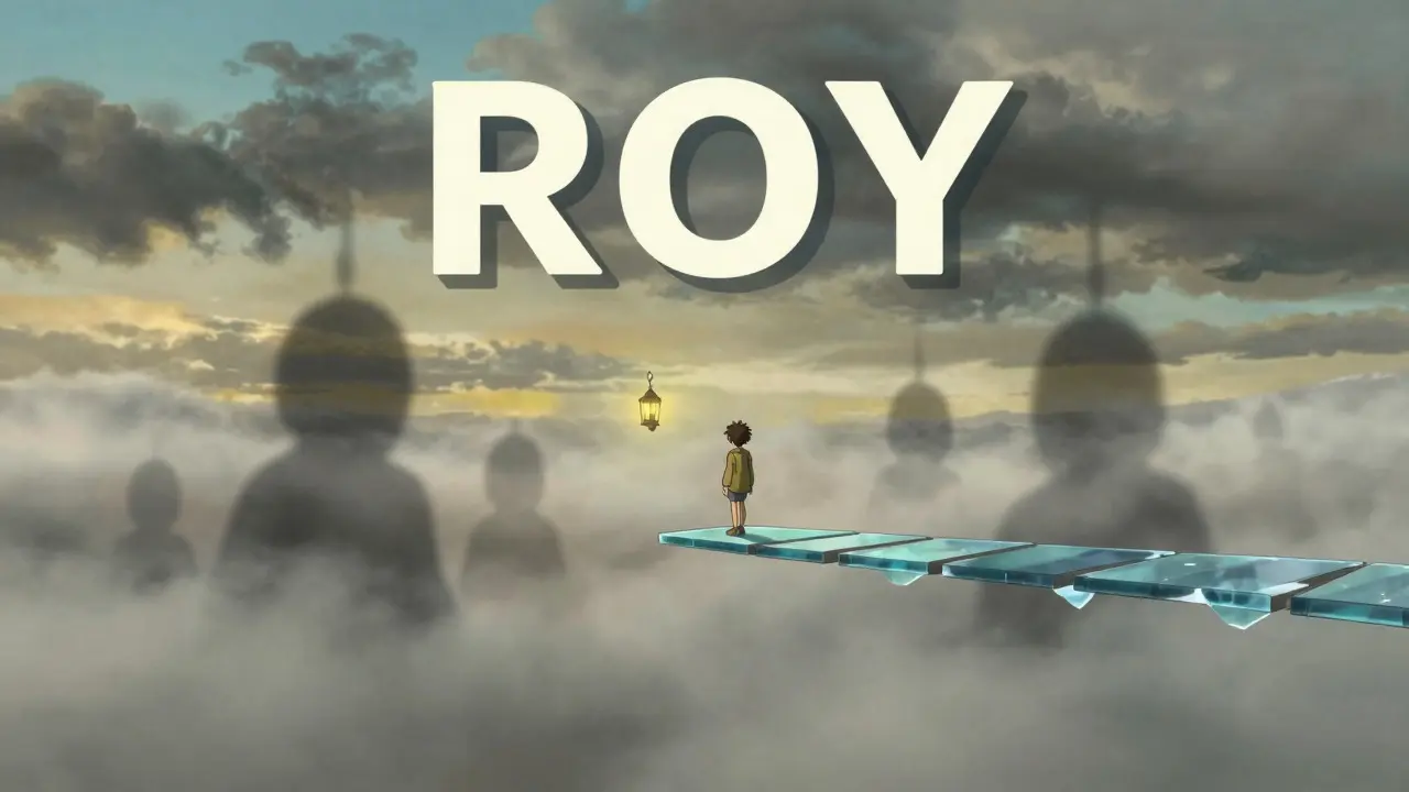 Lone character on a fragile bridge overlooking a misty, risky abyss