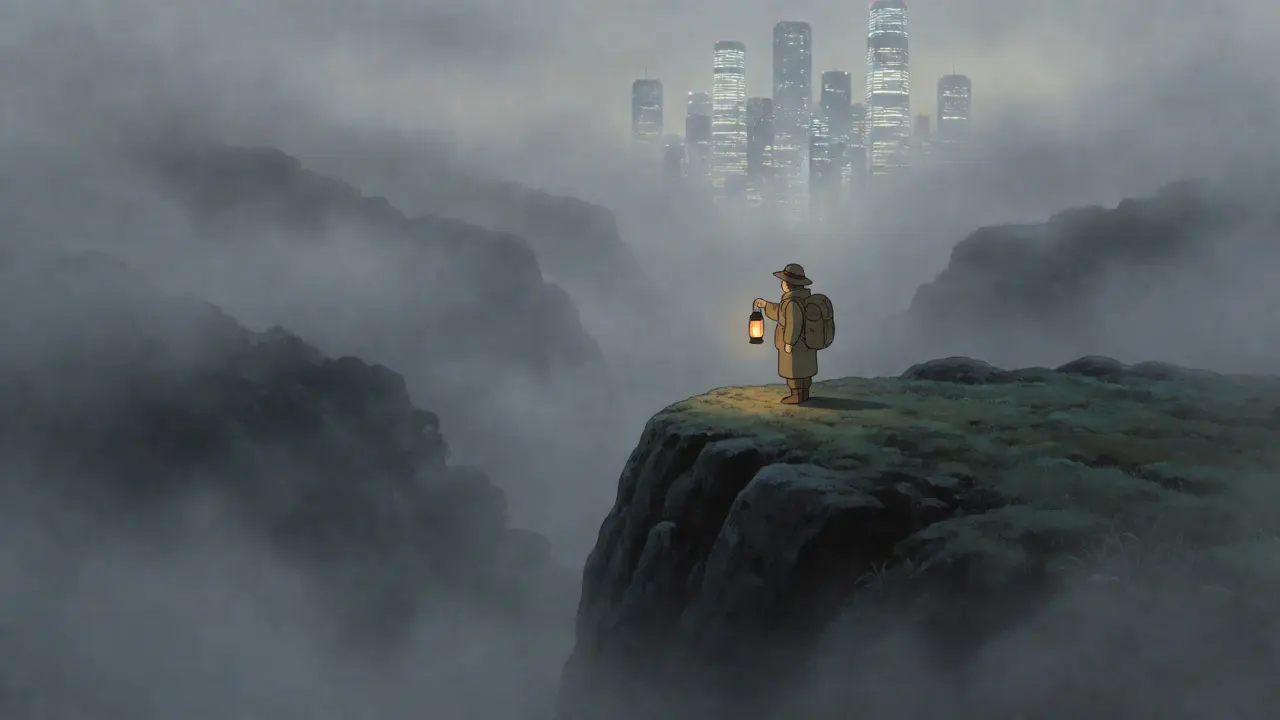 Lone traveler with lantern standing on foggy cliff near distant towers