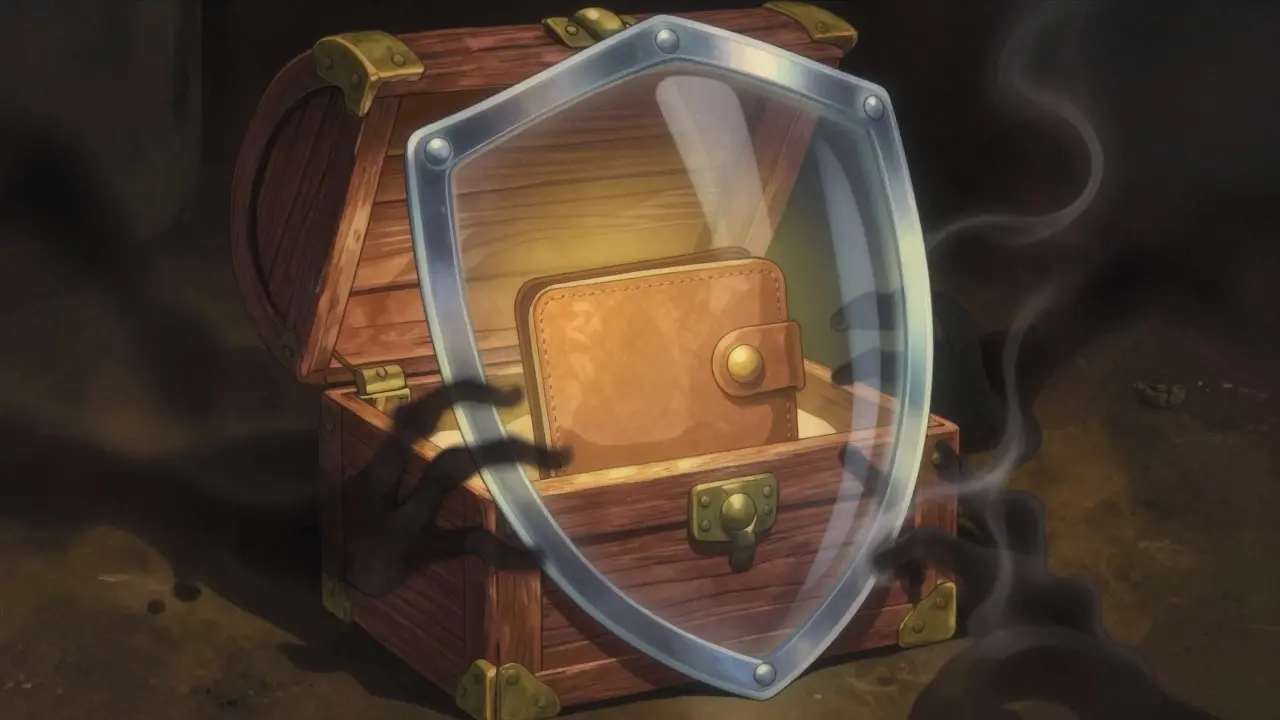 Magical shield protecting a crypto wallet from shadowy threats, anime style
