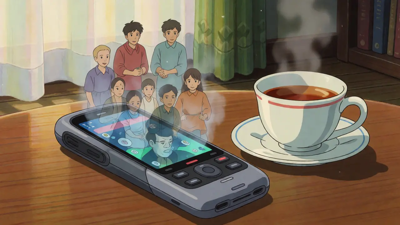 Mobile phone emitting misty whale figures fading away in a cozy room