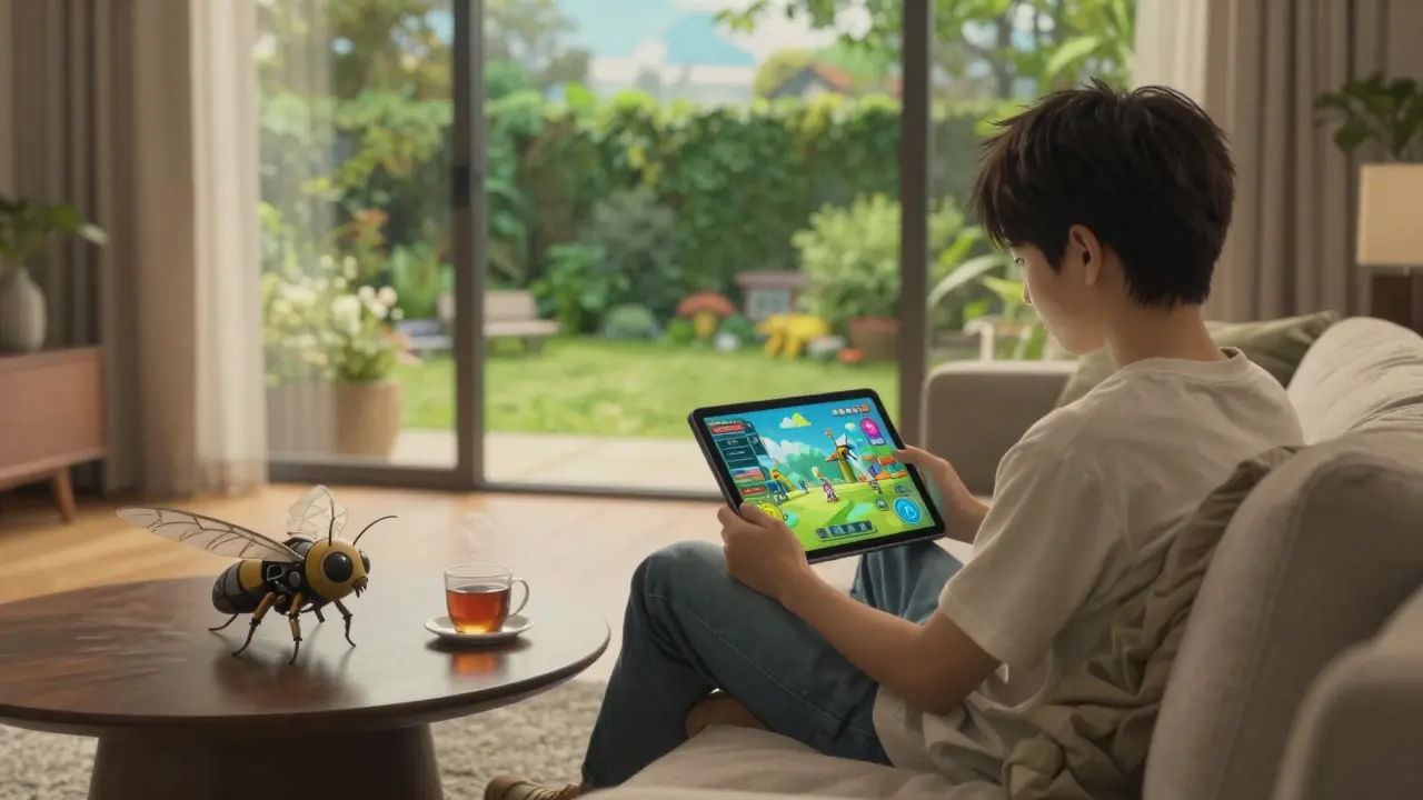 Person relaxing at home while managing digital game assets