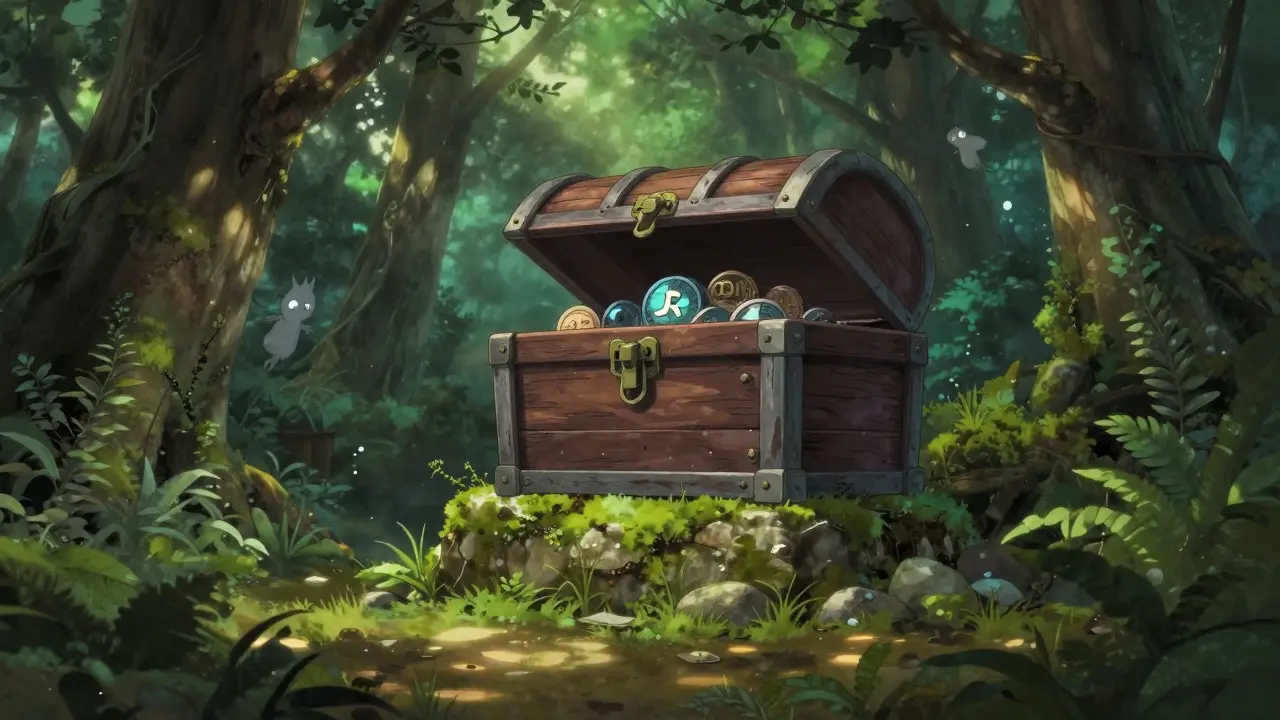 Sealed treasure chest in a forest, representing trapped crypto assets