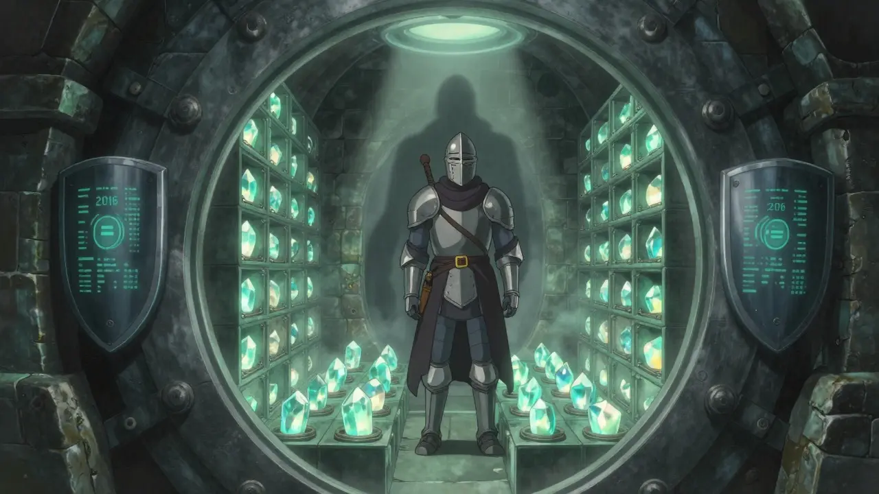 Secure cold storage vault with protective guardian in Studio Ghibli art style