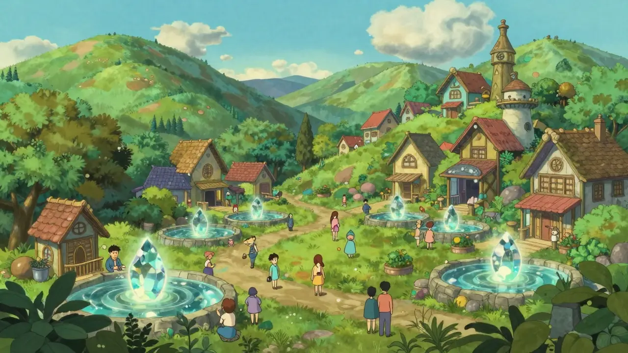Serene village with transparent crystal pools representing safe DeFi, Ghibli