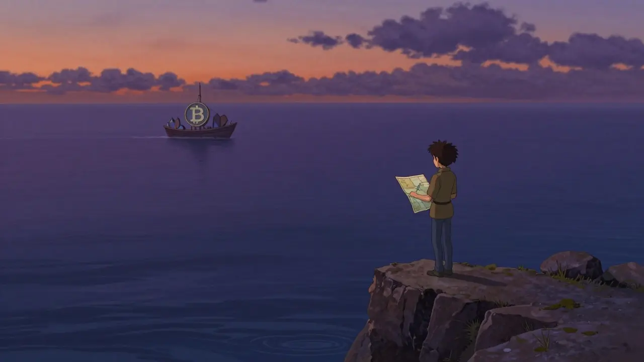 Solitary figure overlooking a calm, empty sea representing halted crypto trading in Ghibli style.