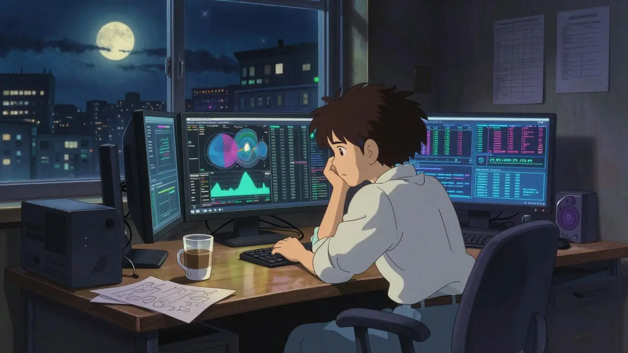 Stressed trader at desk with crypto charts under moonlight